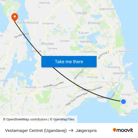 Vestamager Centret (Ugandavej) to Jægerspris map