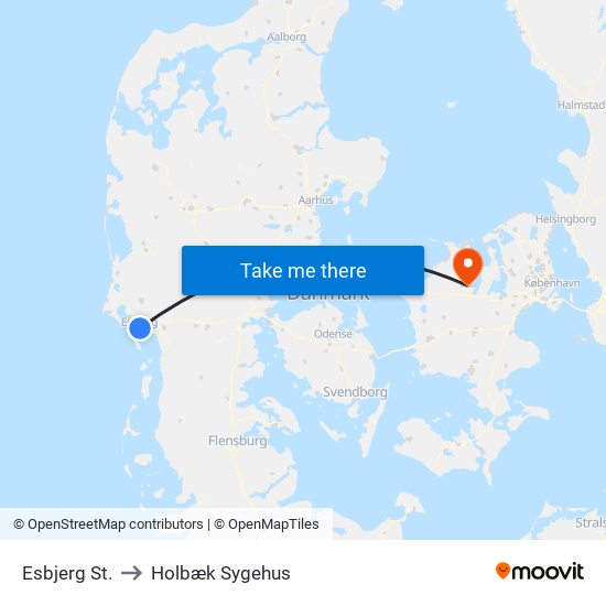 Esbjerg St. to Holbæk Sygehus map