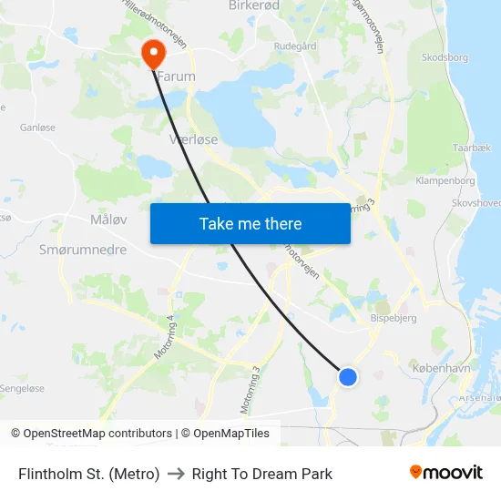 Flintholm St. (Metro) to Right To Dream Park map
