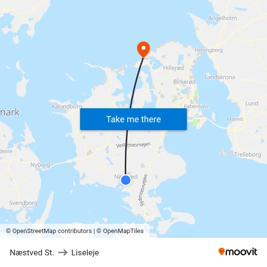 Næstved St. to Liseleje map