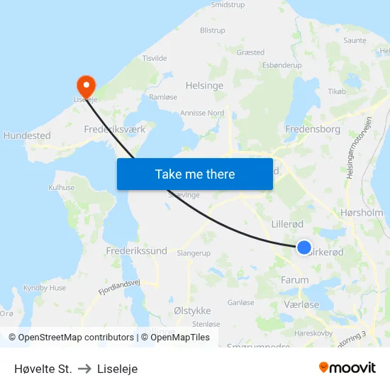 Høvelte St. to Liseleje map
