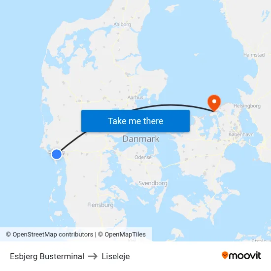 Esbjerg Busterminal to Liseleje map