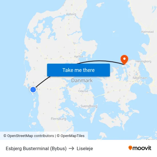 Esbjerg Busterminal (Bybus) to Liseleje map