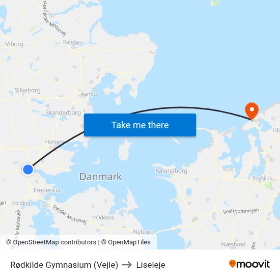 Rødkilde Gymnasium (Vejle) to Liseleje map