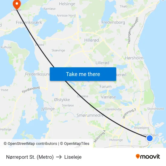 Nørreport St. (Metro) to Liseleje map