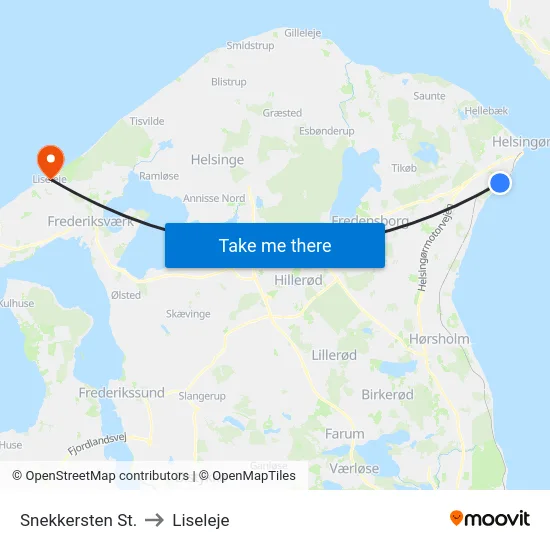 Snekkersten St. to Liseleje map