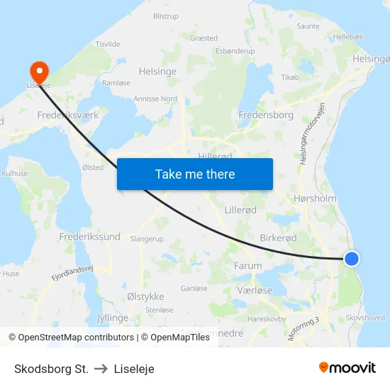 Skodsborg St. to Liseleje map