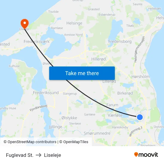 Fuglevad St. to Liseleje map