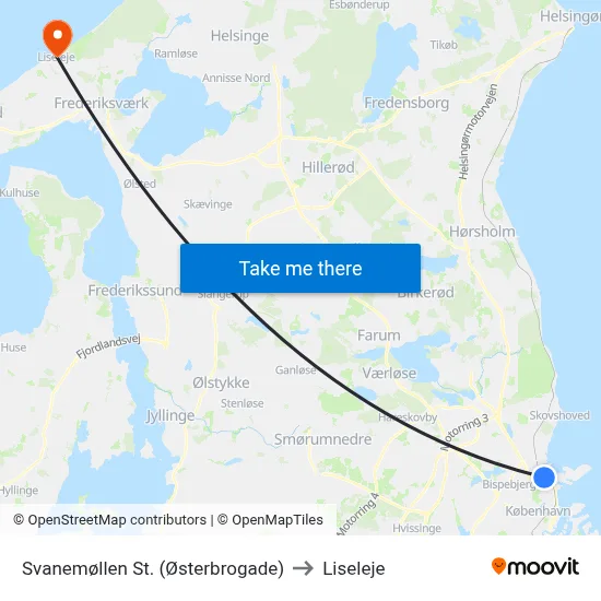 Svanemøllen St. (Østerbrogade) to Liseleje map