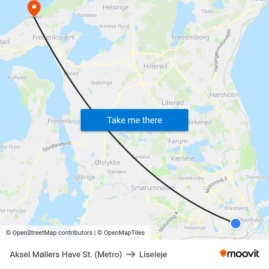 Aksel Møllers Have St. (Metro) to Liseleje map