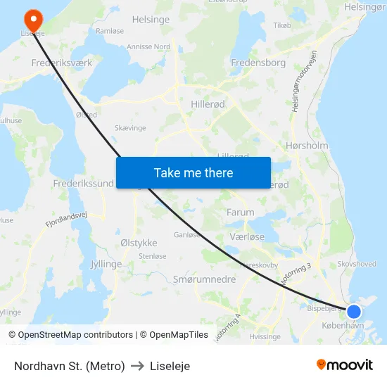 Nordhavn St. (Metro) to Liseleje map