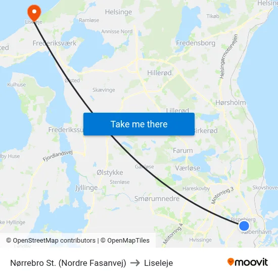 Nørrebro St. (Nordre Fasanvej) to Liseleje map