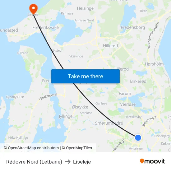 Rødovre Nord (Letbane) to Liseleje map