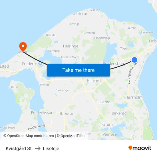 Kvistgård St. to Liseleje map