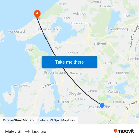 Måløv St. to Liseleje map