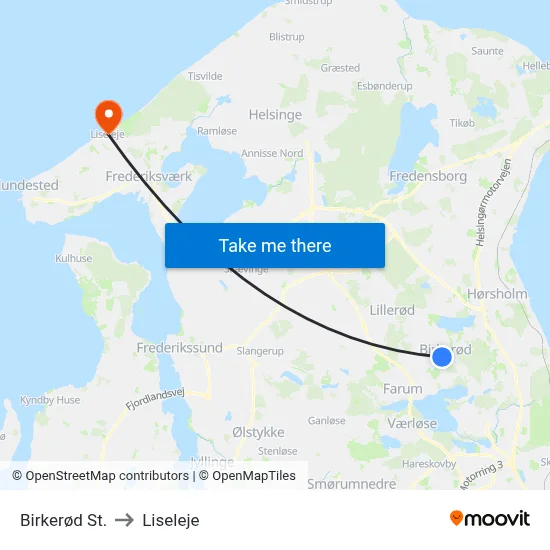 Birkerød St. to Liseleje map