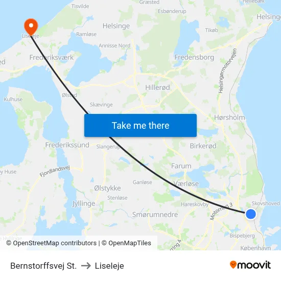 Bernstorffsvej St. to Liseleje map