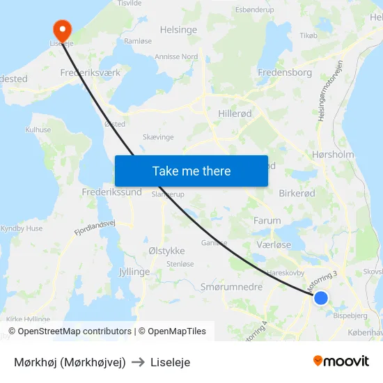 Mørkhøj (Mørkhøjvej) to Liseleje map