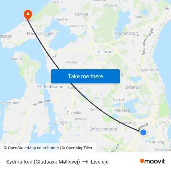 Sydmarken (Gladsaxe Møllevej) to Liseleje map