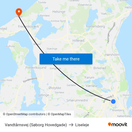 Vandtårnsvej (Søborg Hovedgade) to Liseleje map