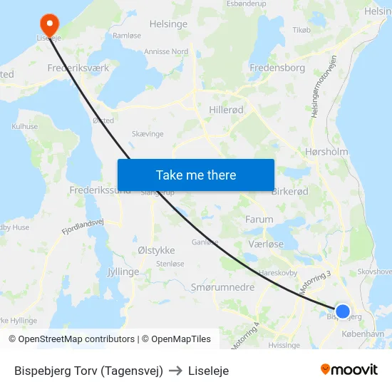 Bispebjerg Torv (Tagensvej) to Liseleje map