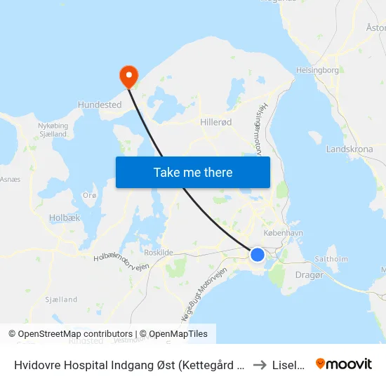 Hvidovre Hospital Indgang Øst (Kettegård Allé) to Liseleje map