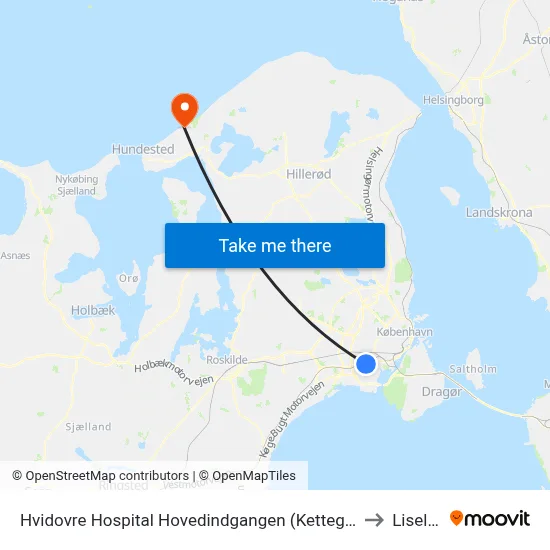 Hvidovre Hospital Hovedindgangen (Kettegård Allé) to Liseleje map