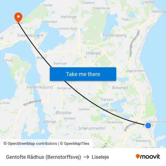 Gentofte Rådhus (Bernstorffsvej) to Liseleje map