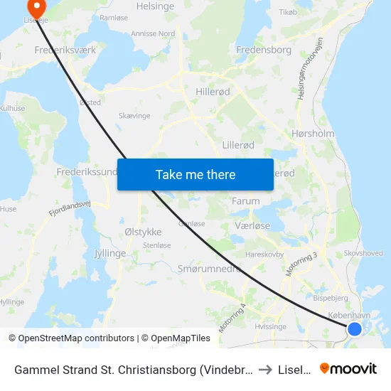 Gammel Strand St. Christiansborg (Vindebrogade) to Liseleje map