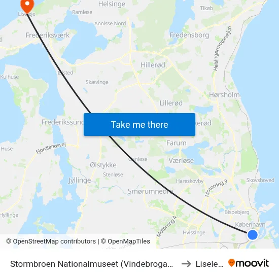 Stormbroen Nationalmuseet (Vindebrogade) to Liseleje map