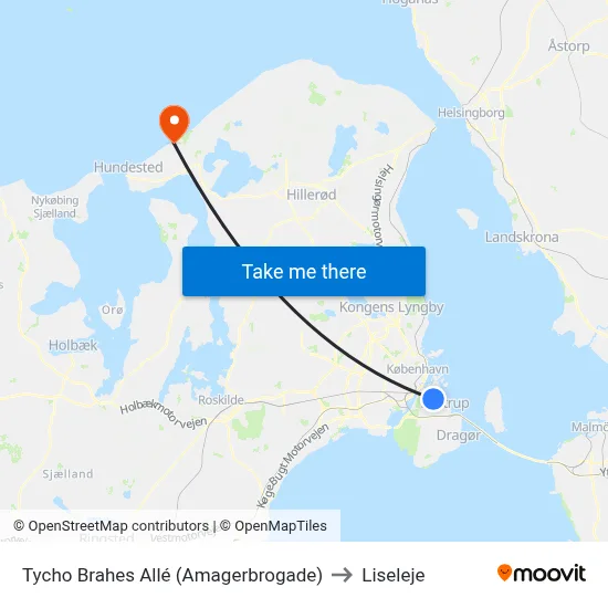 Tycho Brahes Allé (Amagerbrogade) to Liseleje map