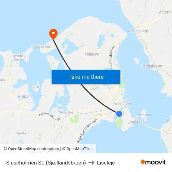 Sluseholmen St. (Sjællandsbroen) to Liseleje map