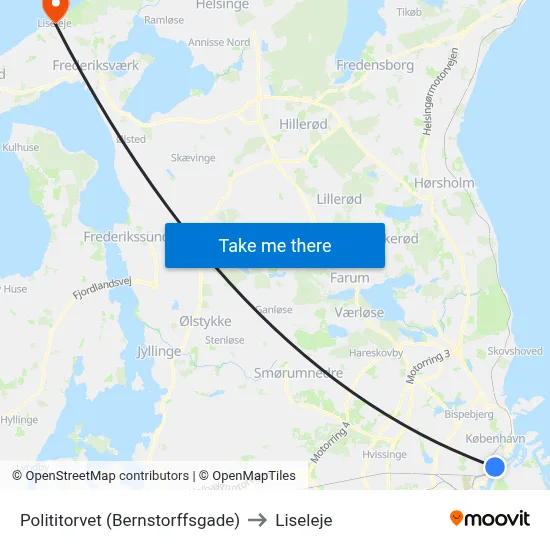 Polititorvet (Bernstorffsgade) to Liseleje map