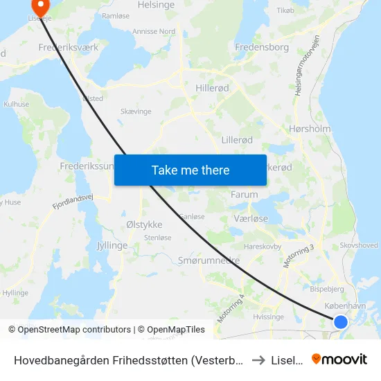 Hovedbanegården Frihedsstøtten (Vesterbrogade) to Liseleje map