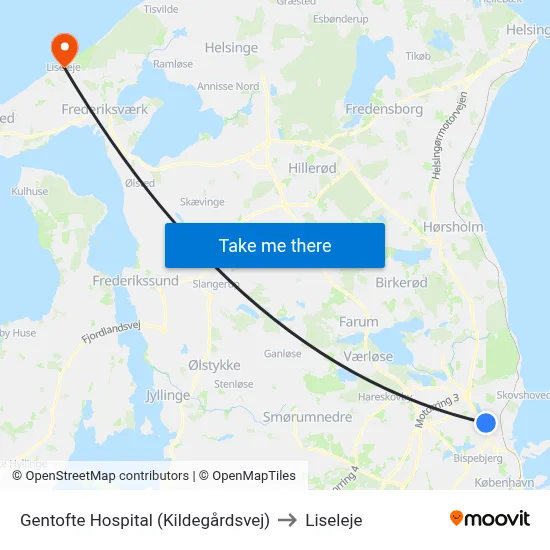 Gentofte Hospital (Kildegårdsvej) to Liseleje map