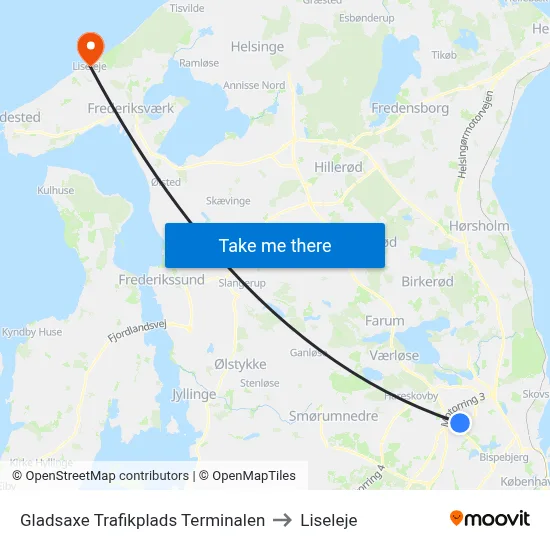Gladsaxe Trafikplads Terminalen to Liseleje map