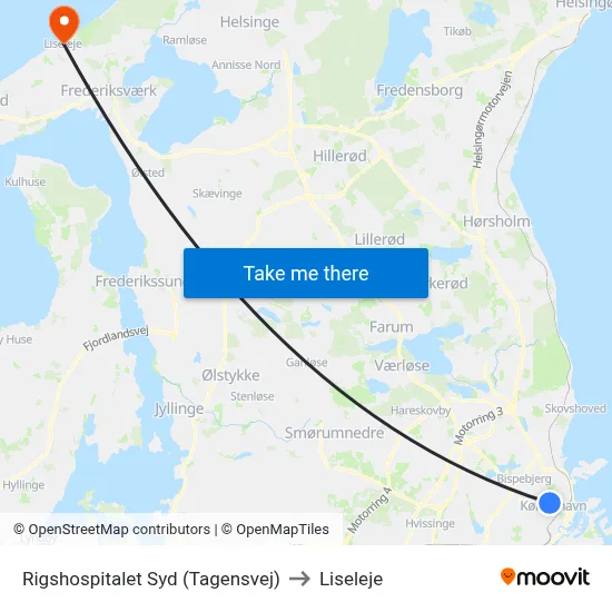 Rigshospitalet Syd (Tagensvej) to Liseleje map
