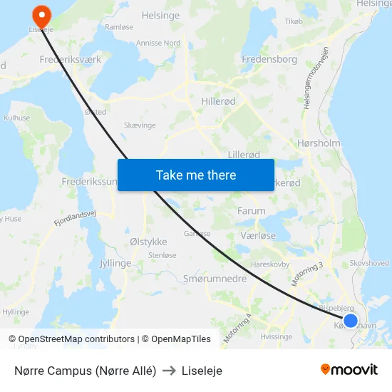 Nørre Campus (Nørre Allé) to Liseleje map