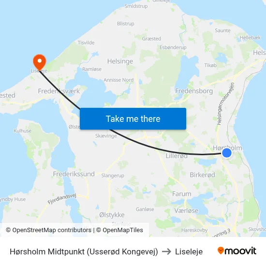 Hørsholm Midtpunkt (Usserød Kongevej) to Liseleje map