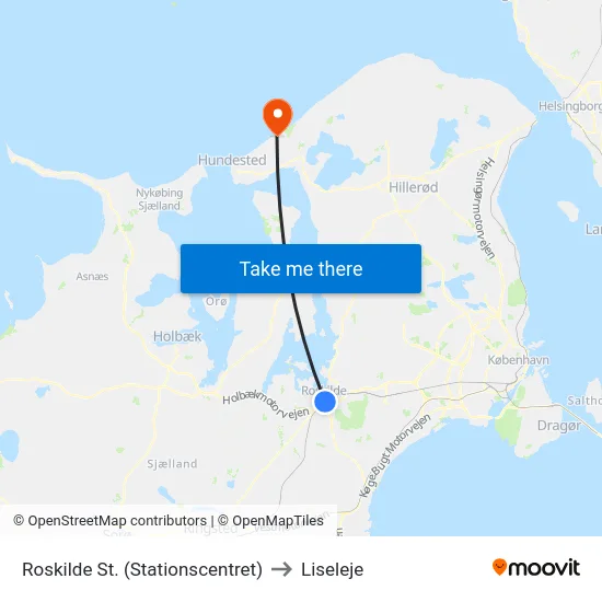 Roskilde St. (Stationscentret) to Liseleje map