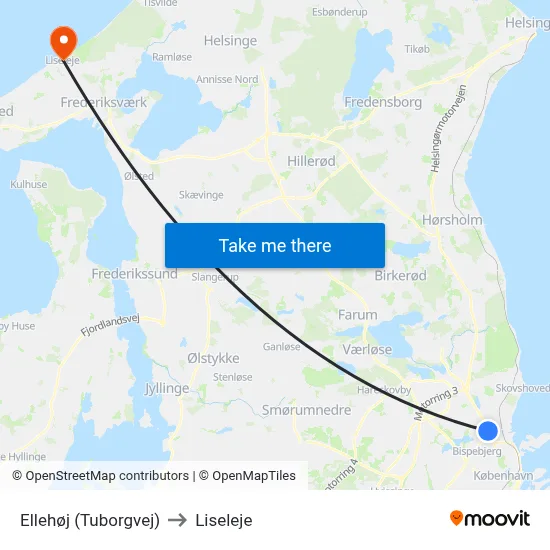 Ellehøj (Tuborgvej) to Liseleje map