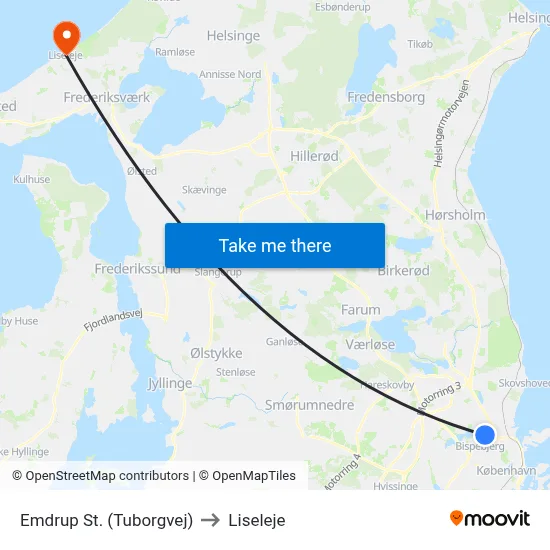 Emdrup St. (Tuborgvej) to Liseleje map