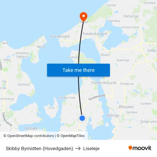 Skibby Bymidten (Hovedgaden) to Liseleje map