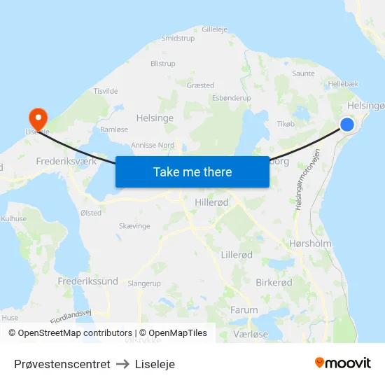 Prøvestenscentret to Liseleje map
