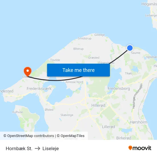 Hornbæk St. to Liseleje map