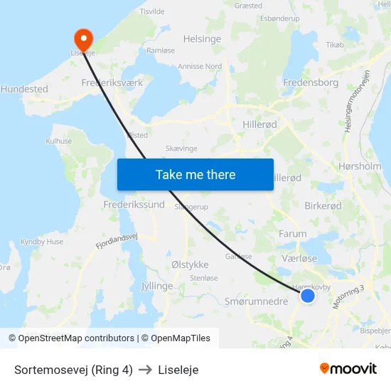 Sortemosevej (Ring 4) to Liseleje map
