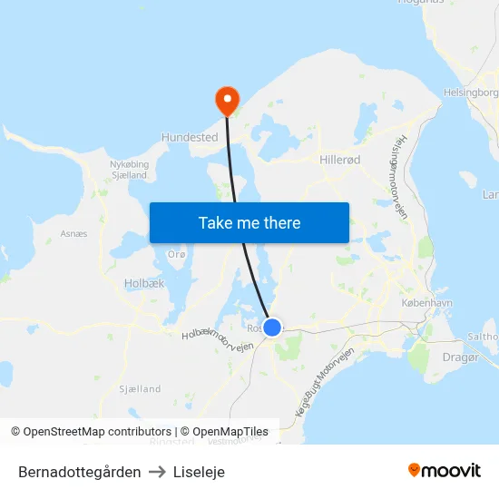 Bernadottegården to Liseleje map