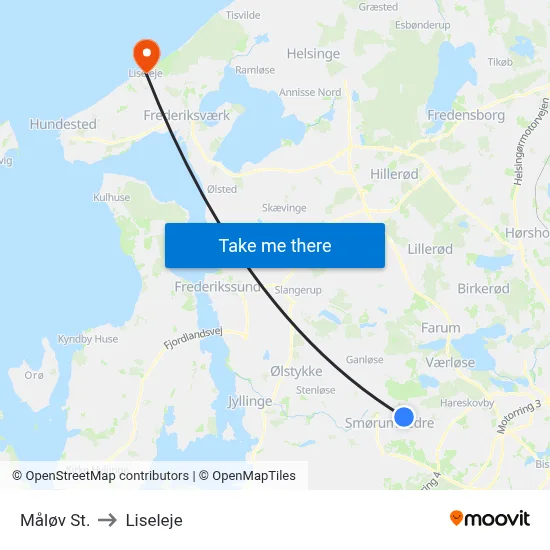 Måløv St. to Liseleje map