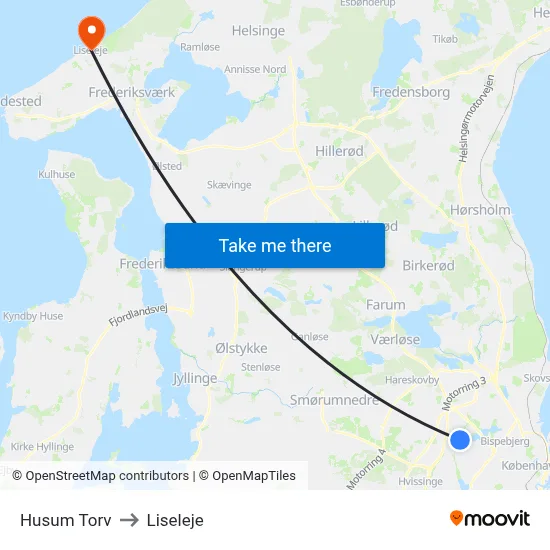Husum Torv to Liseleje map