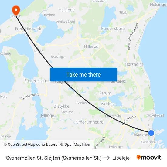 Svanemøllen St. Sløjfen (Svanemøllen St.) to Liseleje map